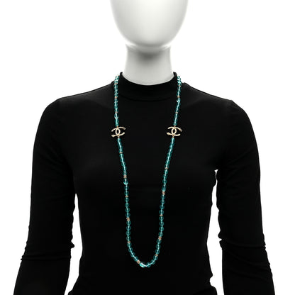 Chanel Metal Crystal Beaded CC Long Necklace Gold Blue 3 of 4