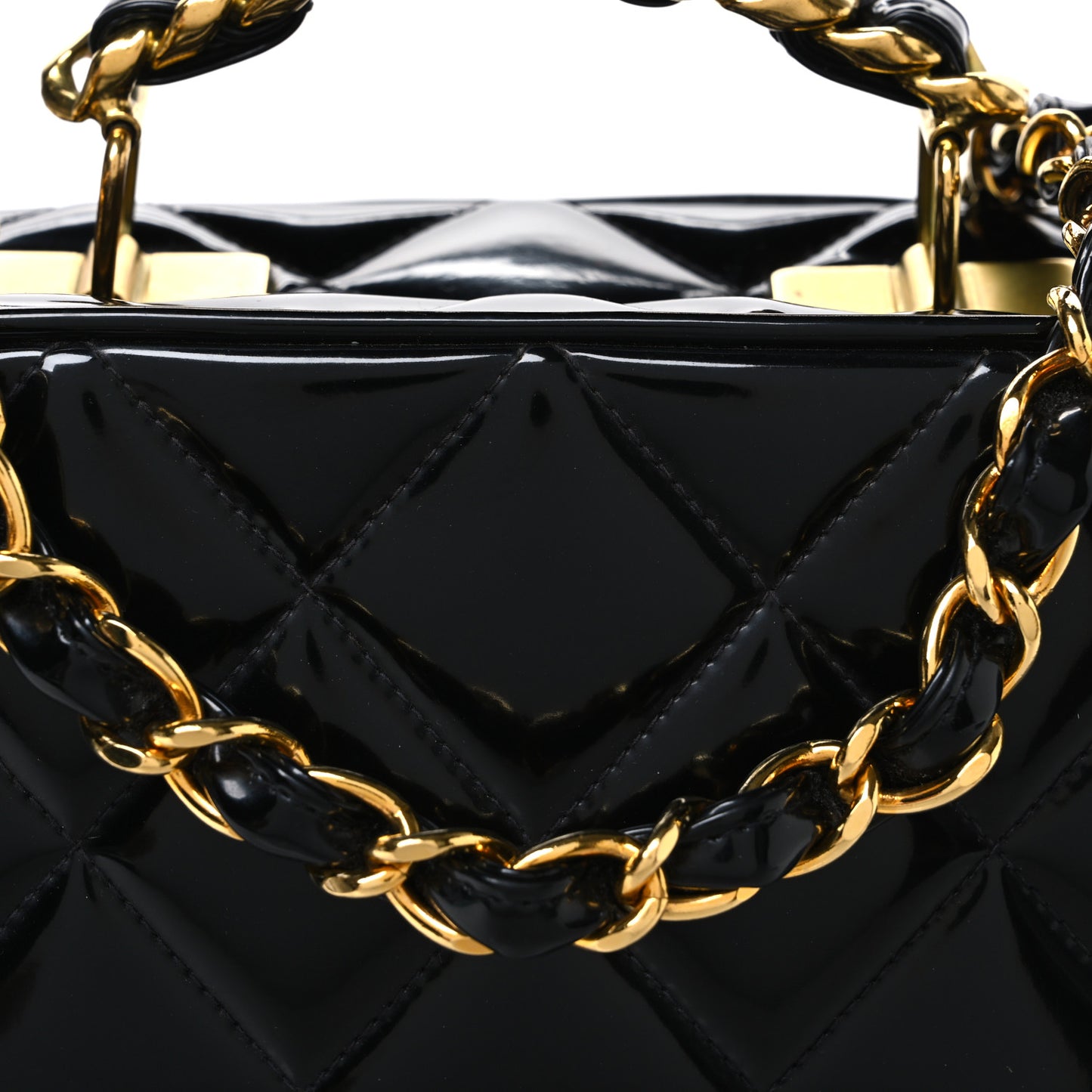 Patent Quilted Top Handle Lunch Box Carryall Shoulder Bag Black