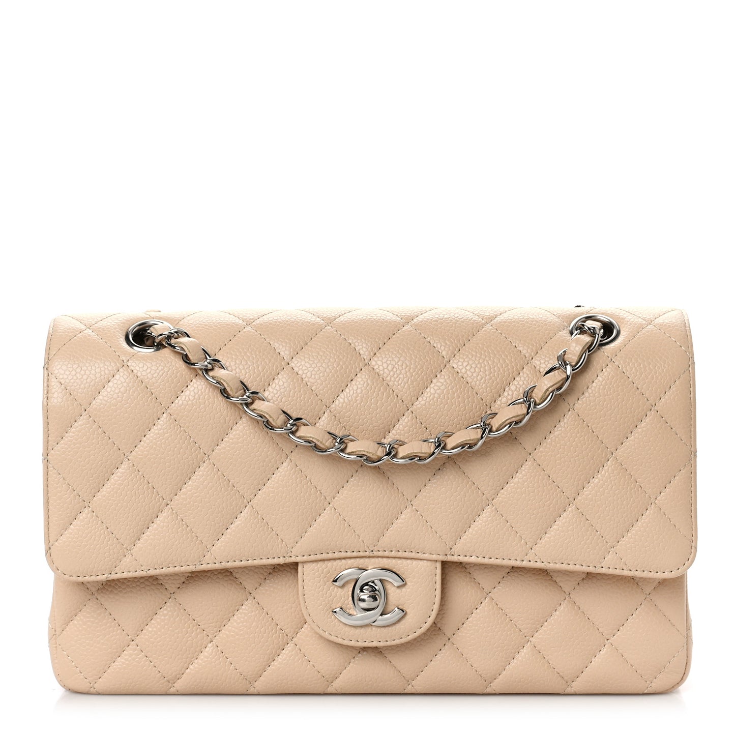 Caviar Quilted Medium Double Flap Beige