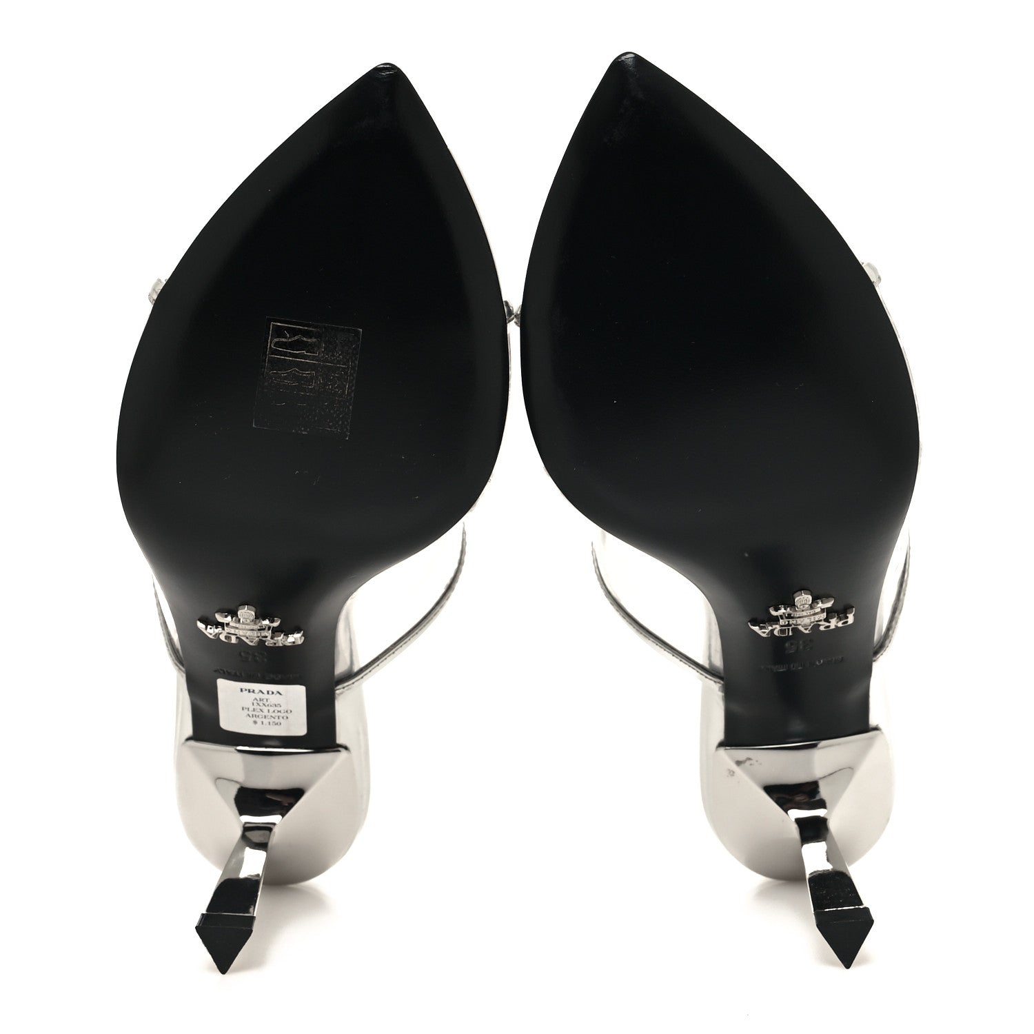 Prada Plexiglass Metallic Calfskin Metal Triangle Logo 75mm Slide Sandals 35 Argento 5 of 8