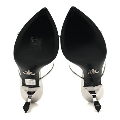 Prada Plexiglass Metallic Calfskin Metal Triangle Logo 75mm Slide Sandals 35 Argento 5 of 8