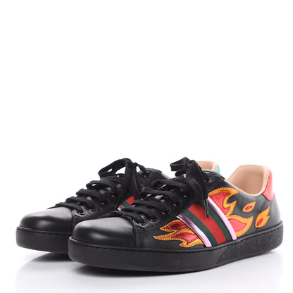 Gucci Calfskin Ayers Web Flames Embroidered Mens Ace Sneakers 10 Black 3 of 9