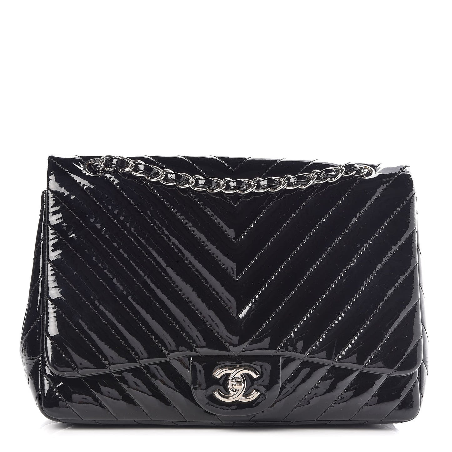 Patent Chevron Quilted Jumbo Single Flap Black