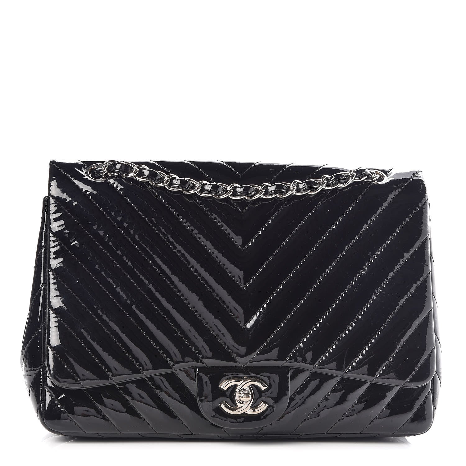 Chanel Patent Chevron Quilted Jumbo Single Flap Black 1 of 9
