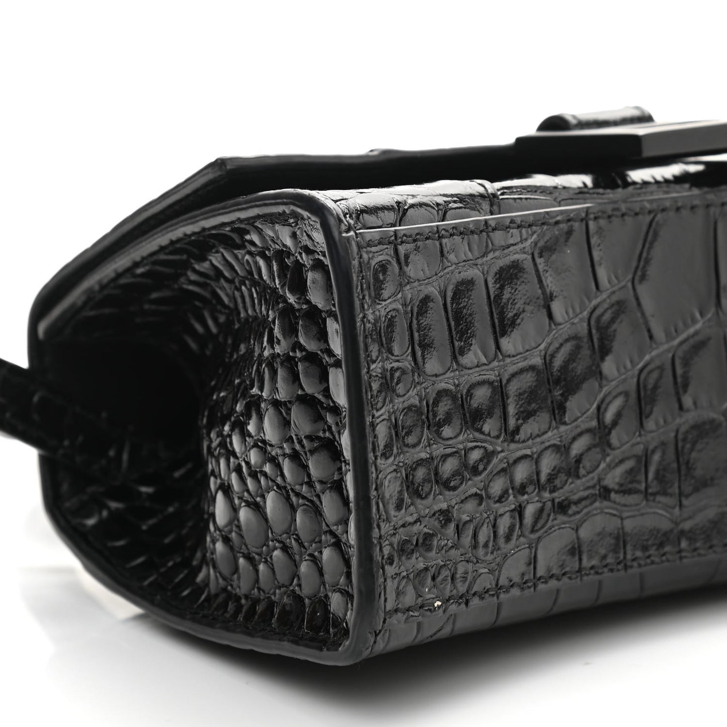 Shiny Calfskin Monochrome Crocodile Embossed Hourglass Top Handle Bag XS Black