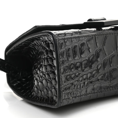 Balenciaga Shiny Calfskin Monochrome Crocodile Embossed Hourglass Top Handle Bag XS Black 8 of 10