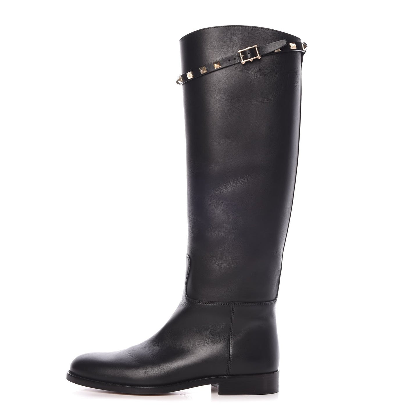 Calfskin Rockstud Knee High Flat Boots 38 Black