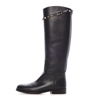 Valentino Garavani Calfskin Rockstud Knee High Flat Boots 38 Black 1 of 8