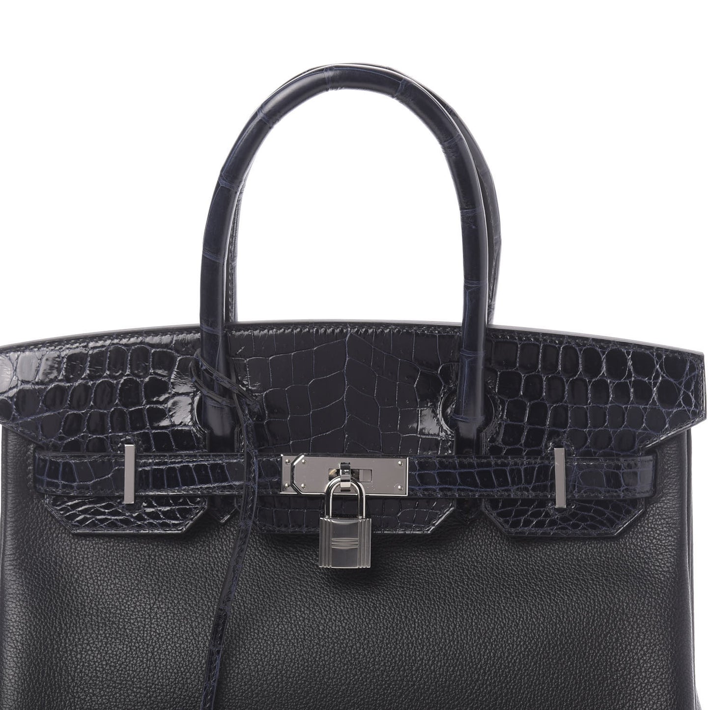 Taurillon Novillo Shiny Niloticus Crocodile Birkin Touch 30 Black Bleu Marine