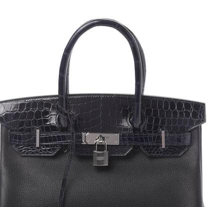 Hermes Taurillon Novillo Shiny Niloticus Crocodile Birkin Touch 30 Black Bleu Marine 29 of 38