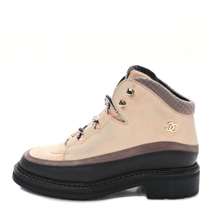 Chanel Suede Grained Calfskin CC Lace Up Boots 40 Light Pink Light Brown Dark Grey 1 of 8