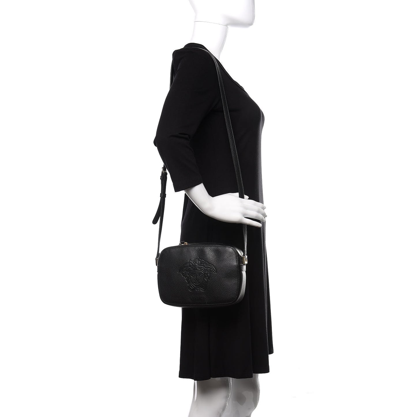 Grained Calfskin Embossed Medusa Camera Bag Black