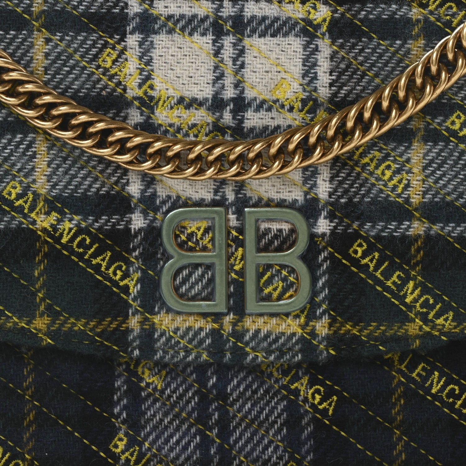 Balenciaga Wool Plaid Diagonal Allover Logo Matelasse M BB Round Shoulder Bag Green Blue Yellow 7 of 9