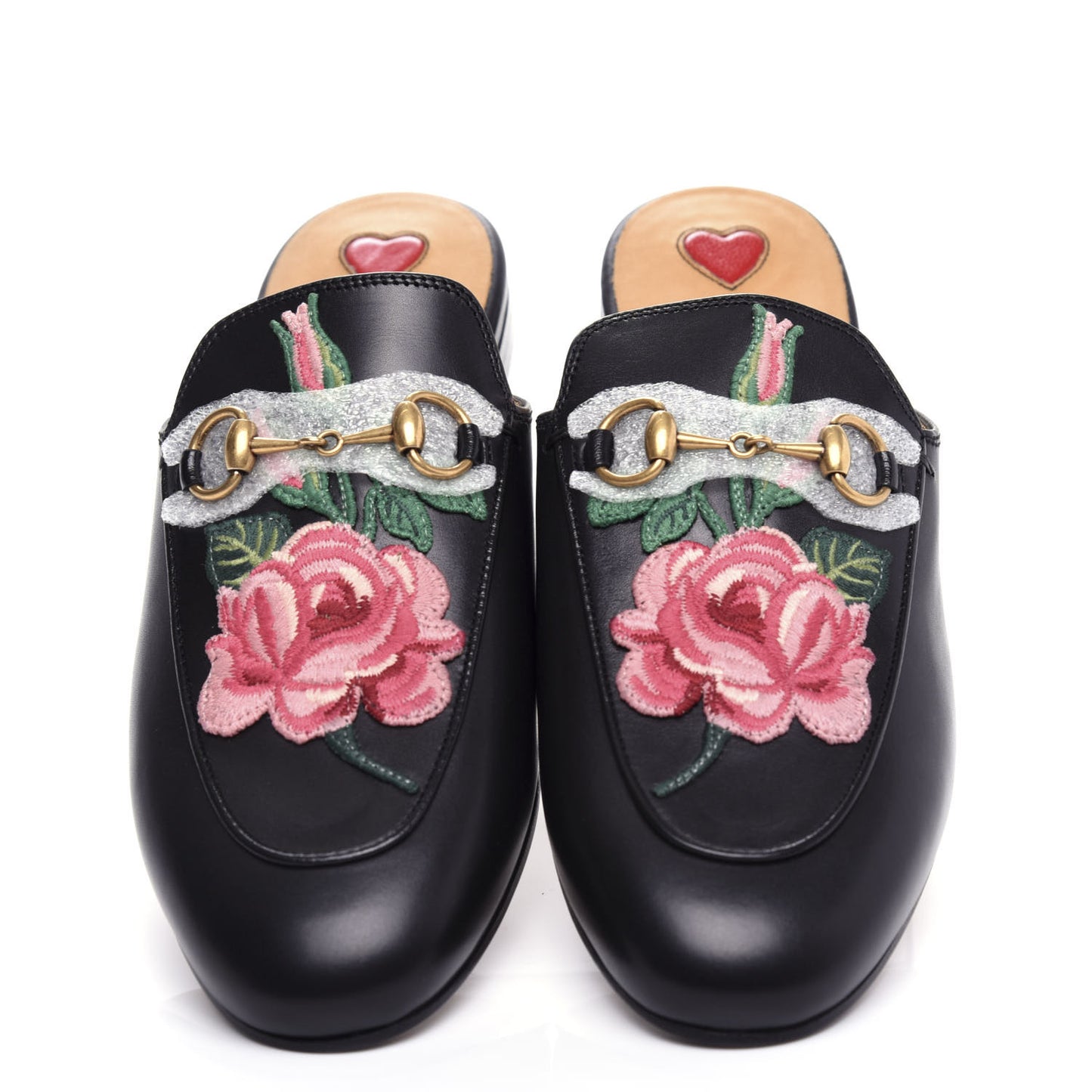 Calfskin Flower Embroidered Princetown Slippers 37 Black