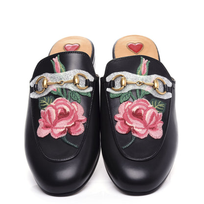 Gucci Calfskin Flower Embroidered Princetown Slippers 37 Black 5 of 11