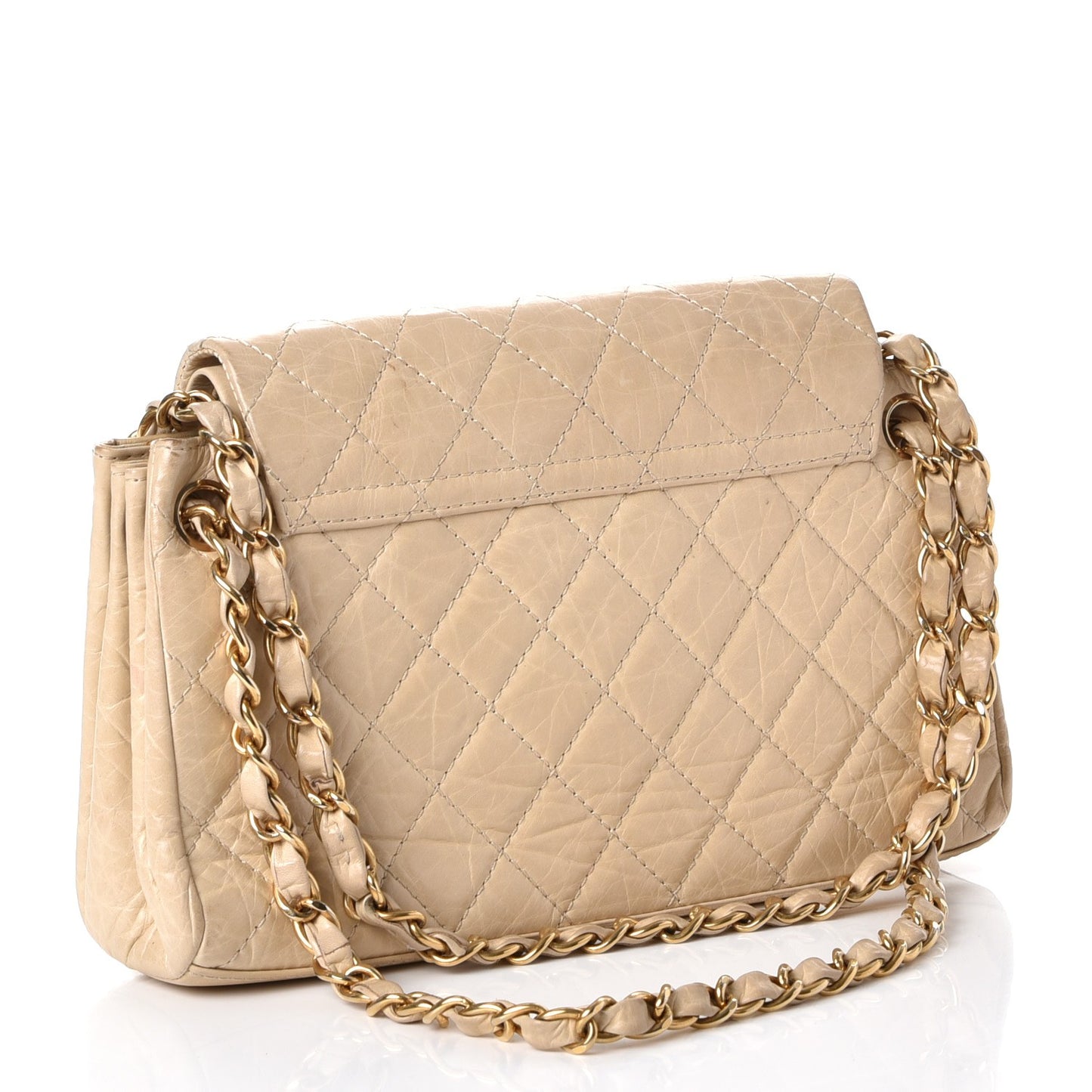 Aged Calfskin Quilted Accordion Double Flap Beige