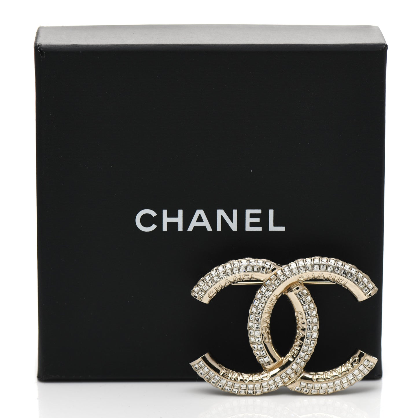 Metal Crystal Baguette CC Brooch Gold
