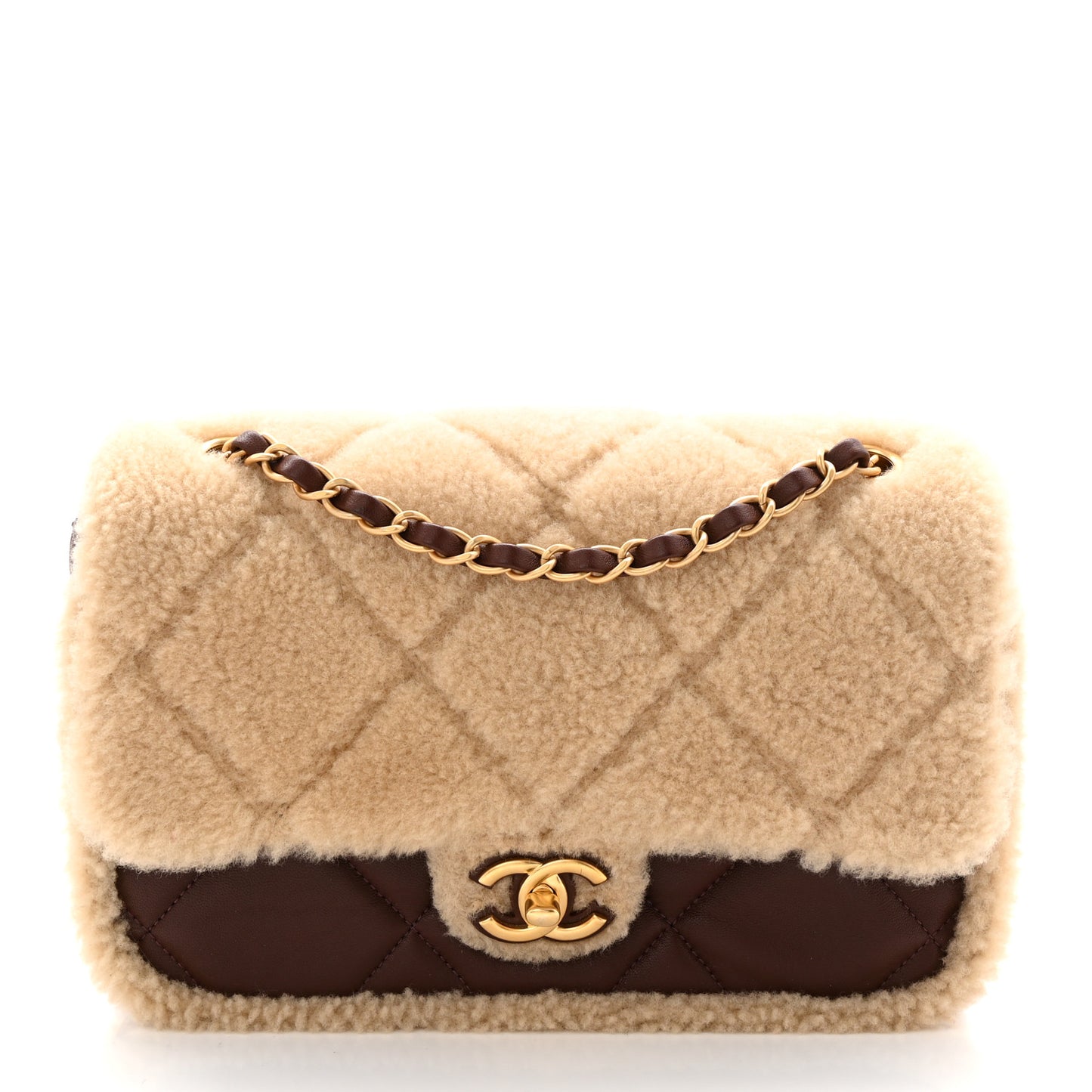 Shearling Lambskin Quilted Furry Coco Flap Beige Dark Brown