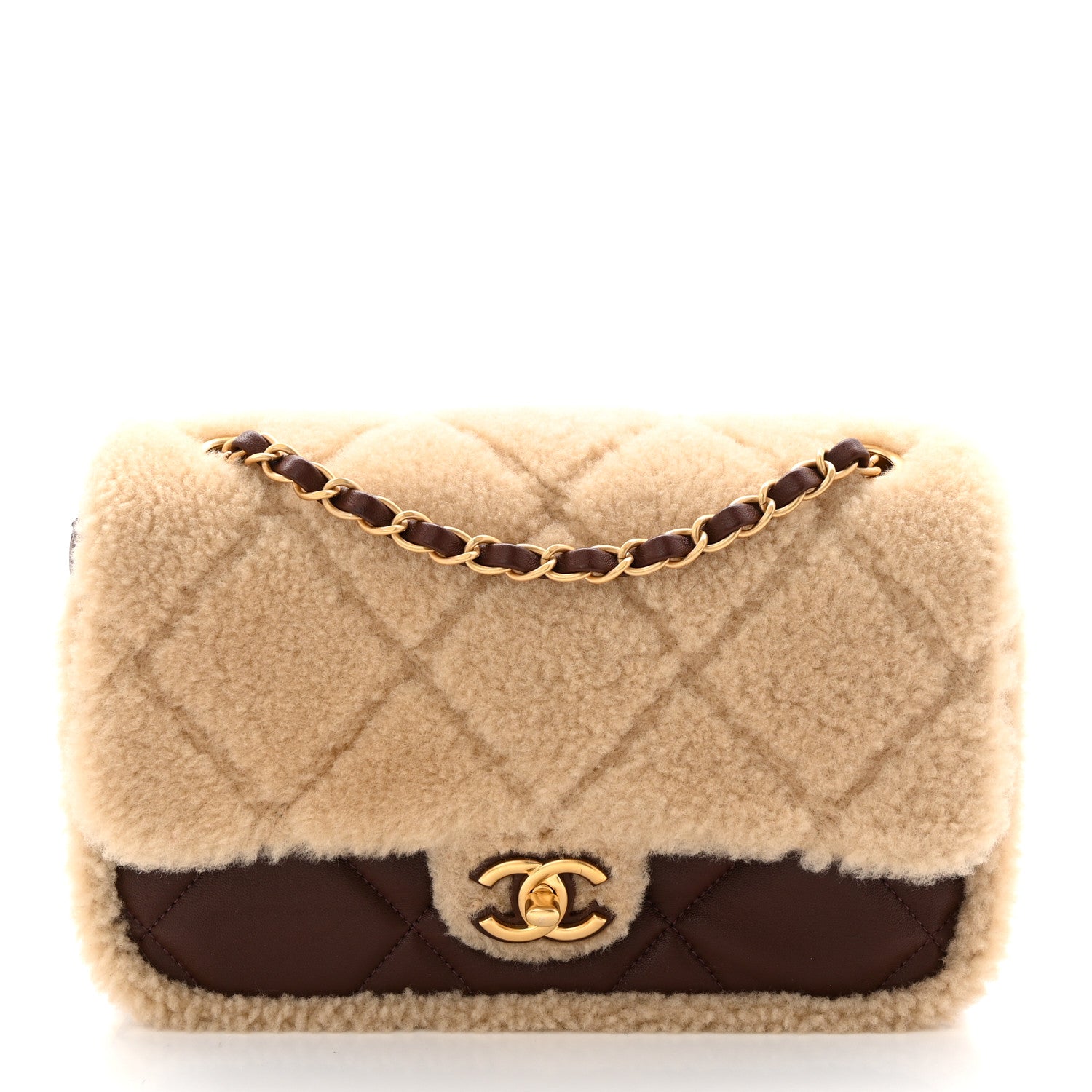 Chanel Shearling Lambskin Quilted Furry Coco Flap Beige Dark Brown 1 of 11