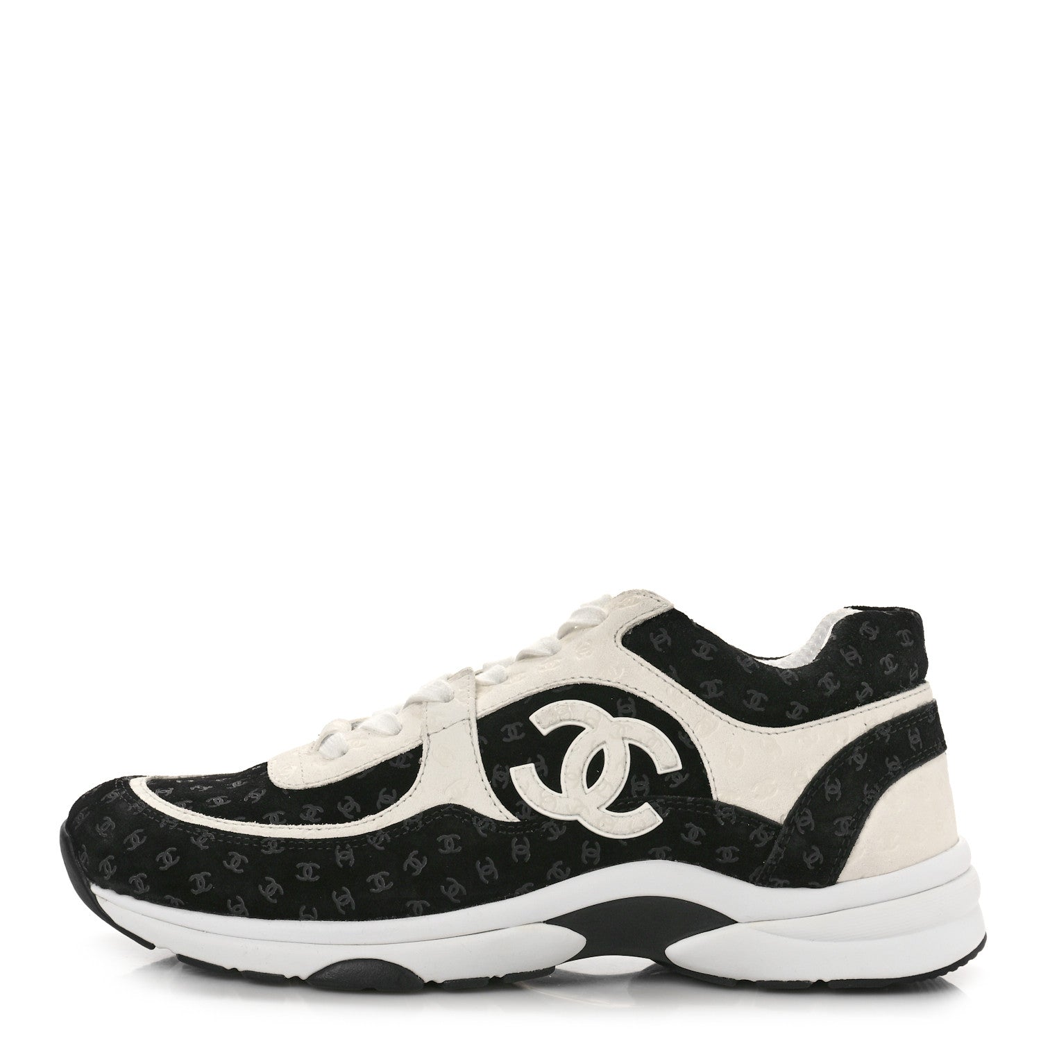 Chanel Nylon Suede Calfskin Printed CC Sneakers 41.5 White Black 1 of 9