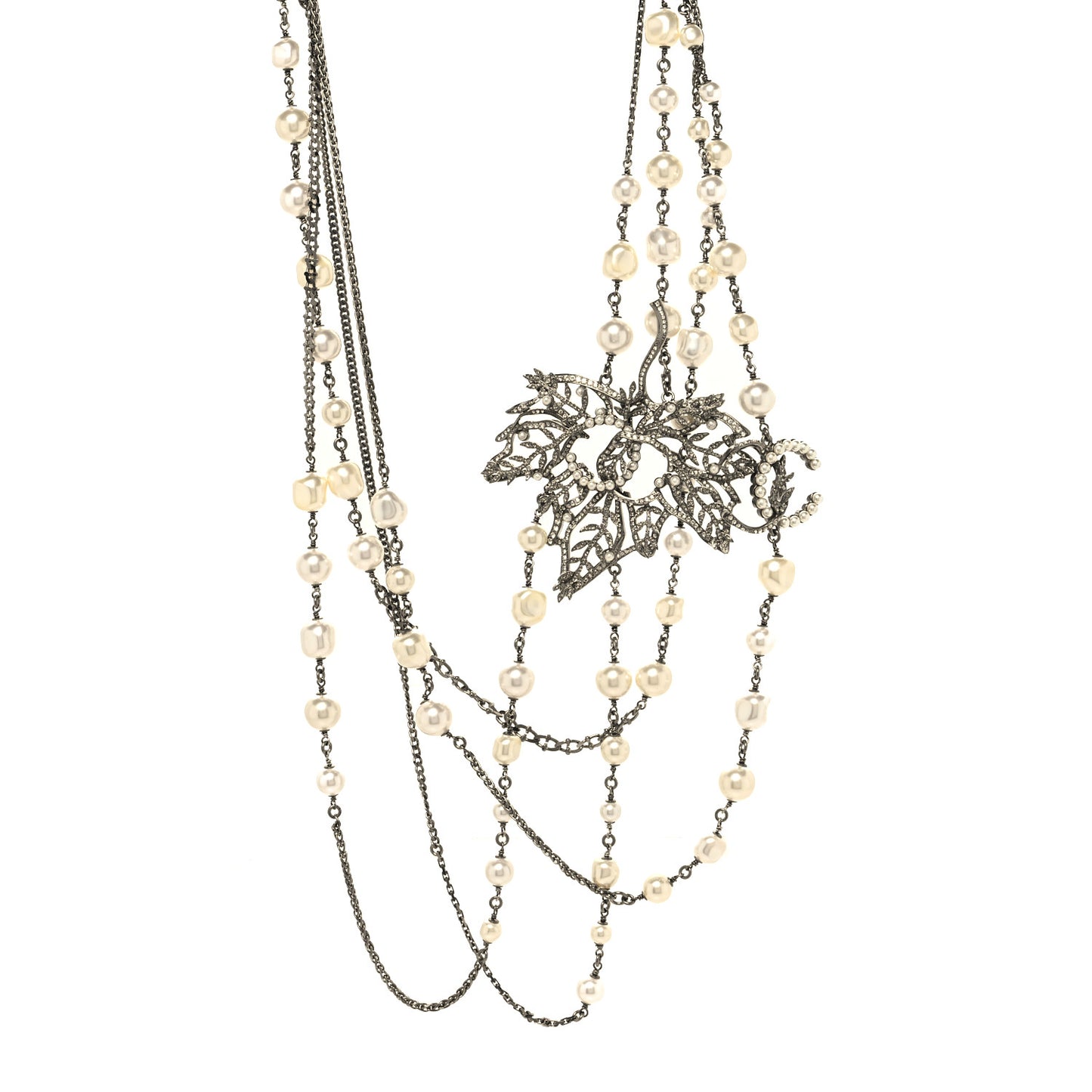 Pearl Crystal CC Leaf Long Necklace Silver