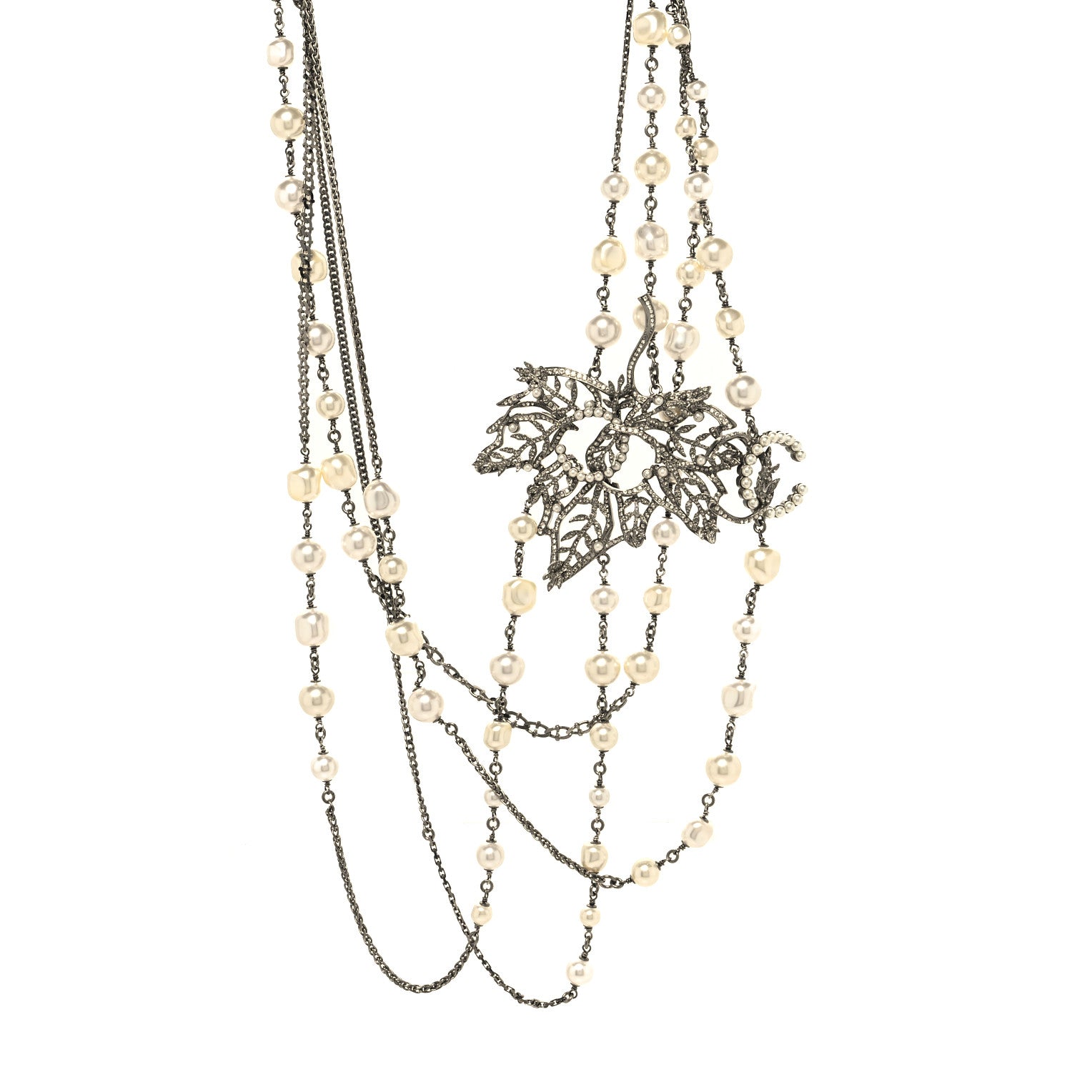 Chanel Pearl Crystal CC Leaf Long Necklace Silver 1 of 6