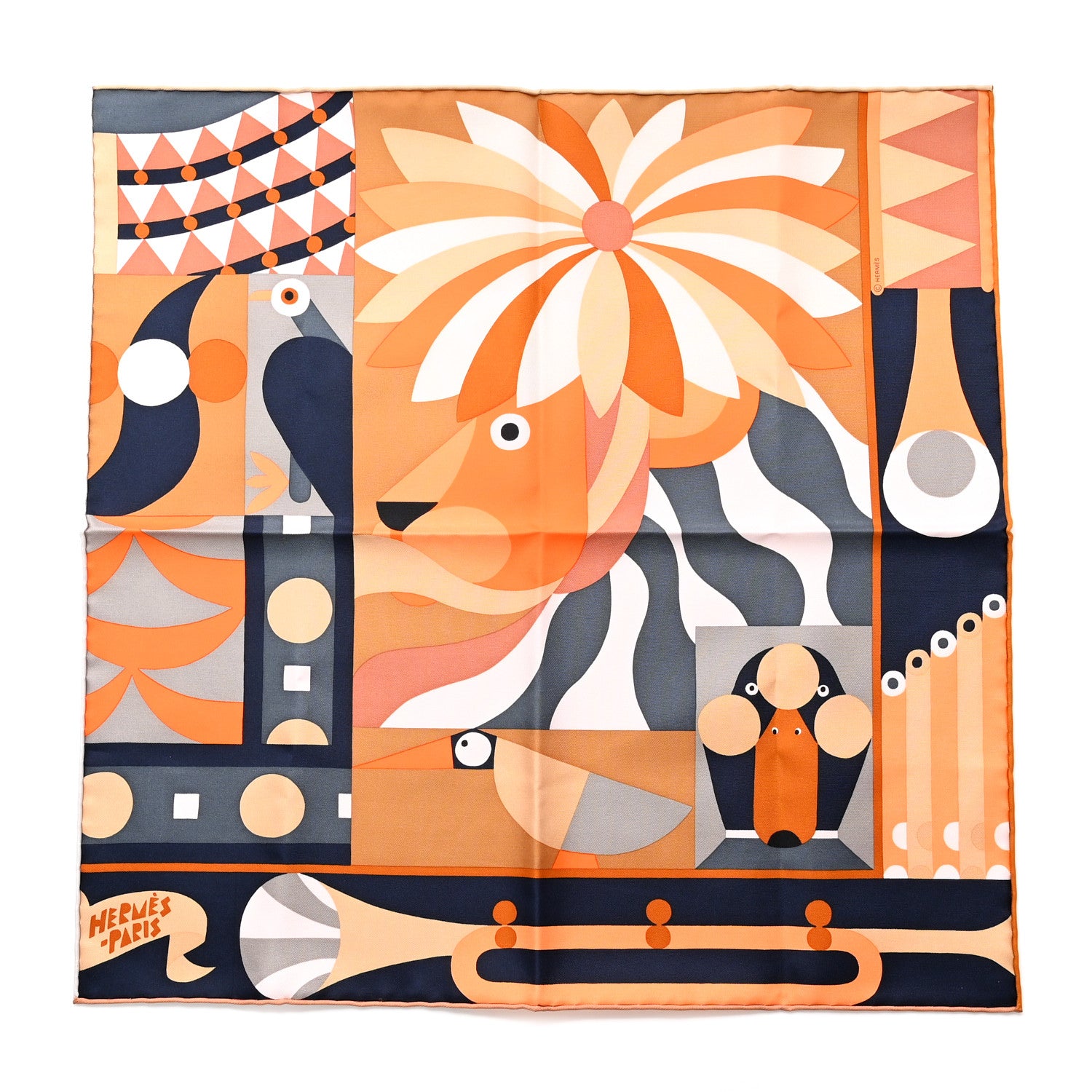 Hermes Silk Gavroche Parade En Fanfare Scarf 45 Caramel Orange Gris 1 of 4