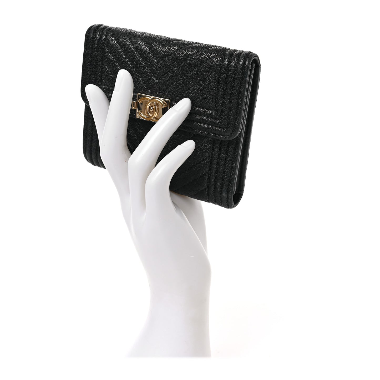 Caviar Chevron Quilted Boy Compact Wallet Black