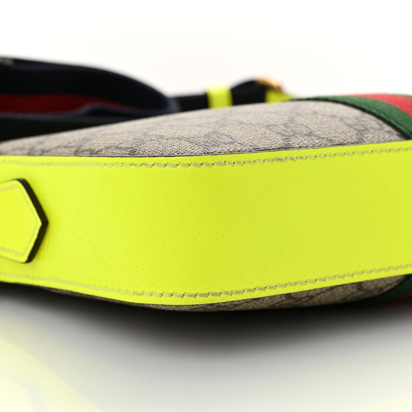 GG Supreme Monogram Textured Dollar Calfskin Web Ophidia Wristlet Shoulder Bag Beige Ebony Fluo Yellow