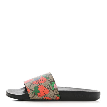 Gucci GG Supreme Monogram Strawberry Slide Sandals 38 Beige Multicolor 1 of 9