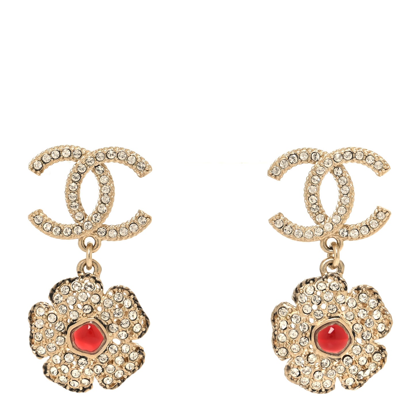 Crystal Camellia CC Drop Earrings Gold Red