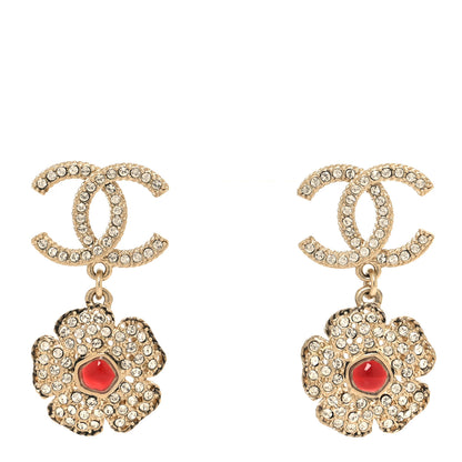 Chanel Crystal Camellia CC Drop Earrings Gold Red 1 of 5