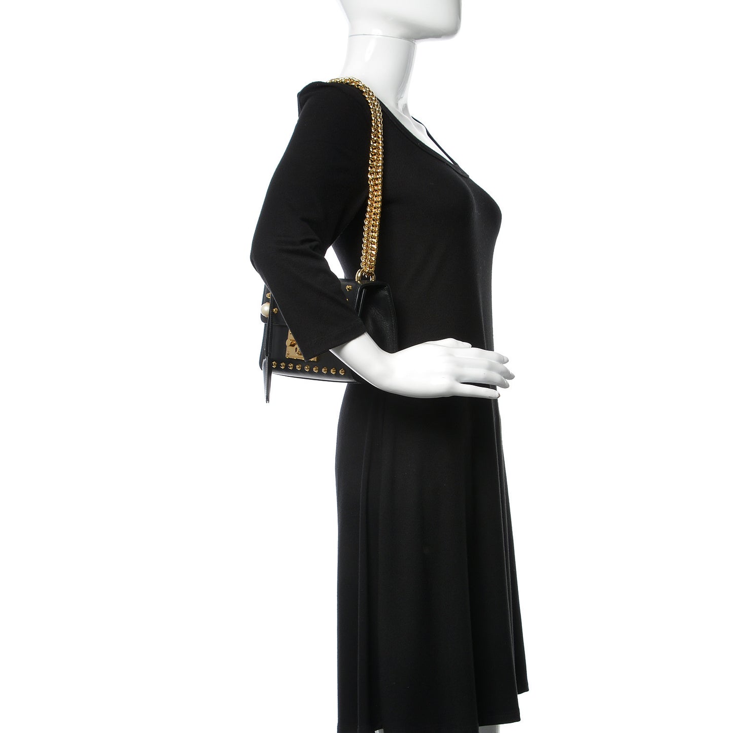 Calfskin Studded Small Padlock Shoulder Bag Black