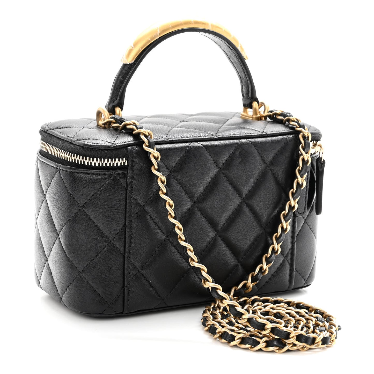Lambskin Quilted Metal Small Top Handle Vanity Case With Chain Black