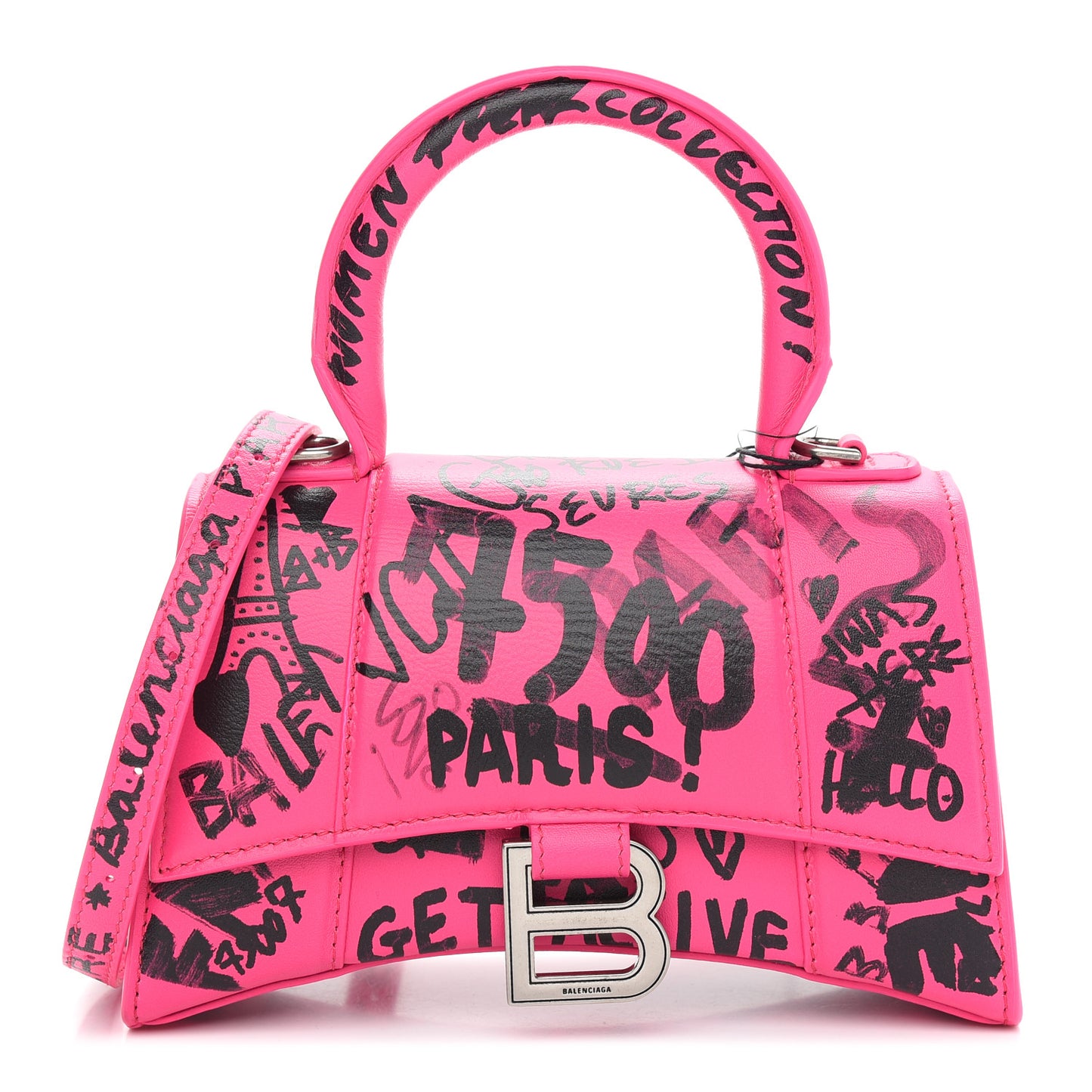 Smooth Calfskin Graffiti Hourglass Top Handle Bag XS Acid Fuchsia Black