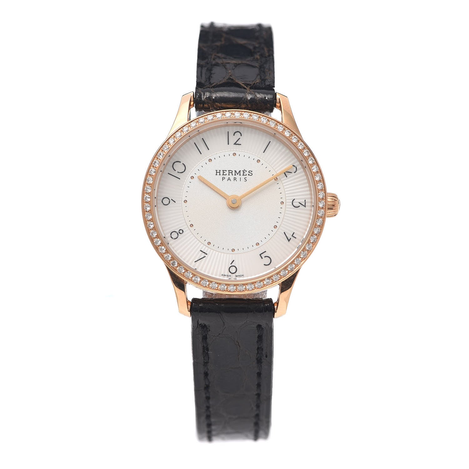 Hermes 18K Rose Gold Alligator Diamond Mother of Pearl 25mm Slim d'Hermes Quartz Watch Noir 1 of 5