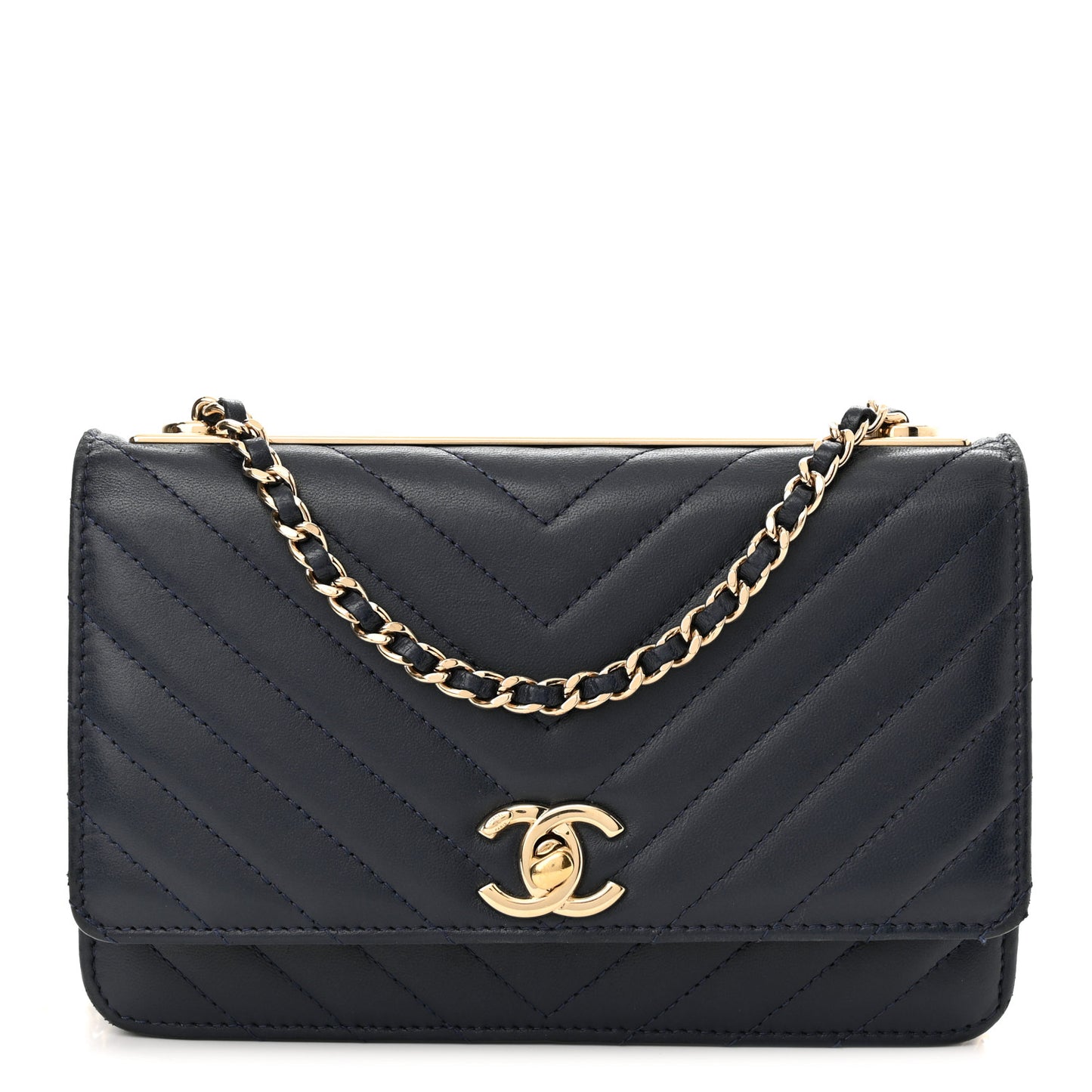 Lambskin Chevron Quilted Trendy CC Wallet On Chain WOC Dark Blue