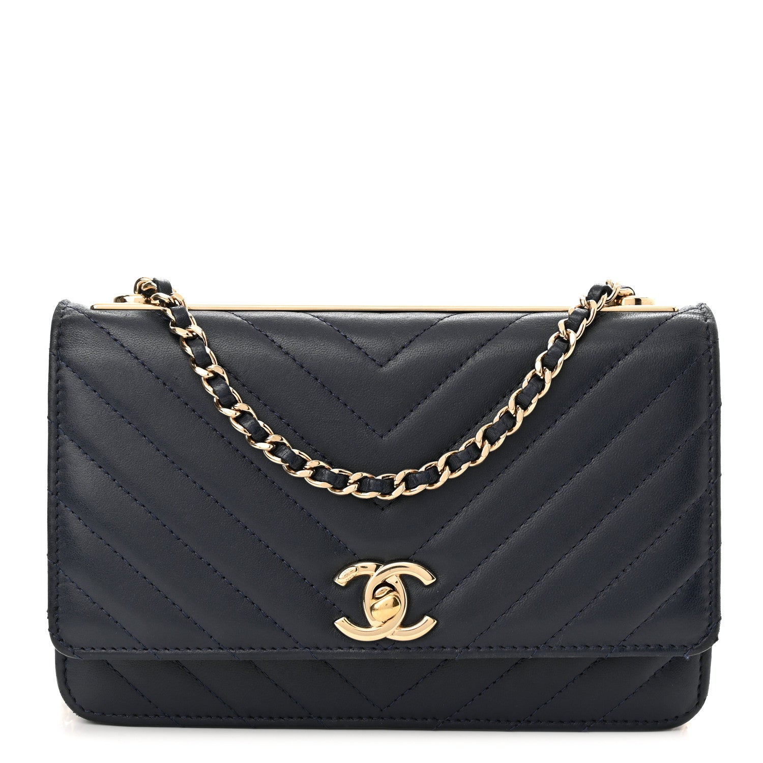 Chanel Lambskin Chevron Quilted Trendy CC Wallet On Chain WOC Dark Blue 1 of 13