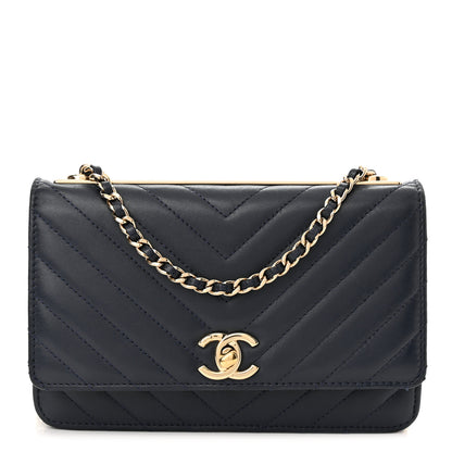 Chanel Lambskin Chevron Quilted Trendy CC Wallet On Chain WOC Dark Blue 1 of 13