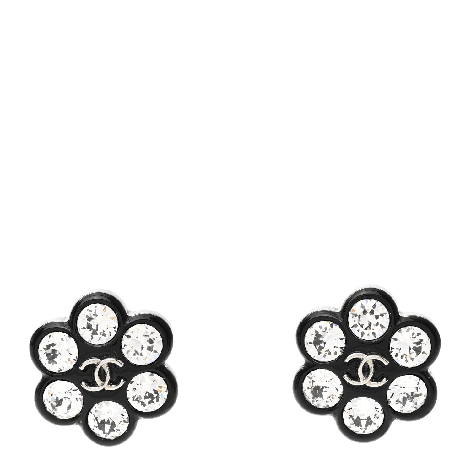Chanel Resin Crystal CC Flower Earrings Black 1 of 5
