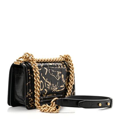 Chanel Calfskin Crocodile Embossed Graffiti Cocodile Small Boy Flap Black Gold 3 of 11