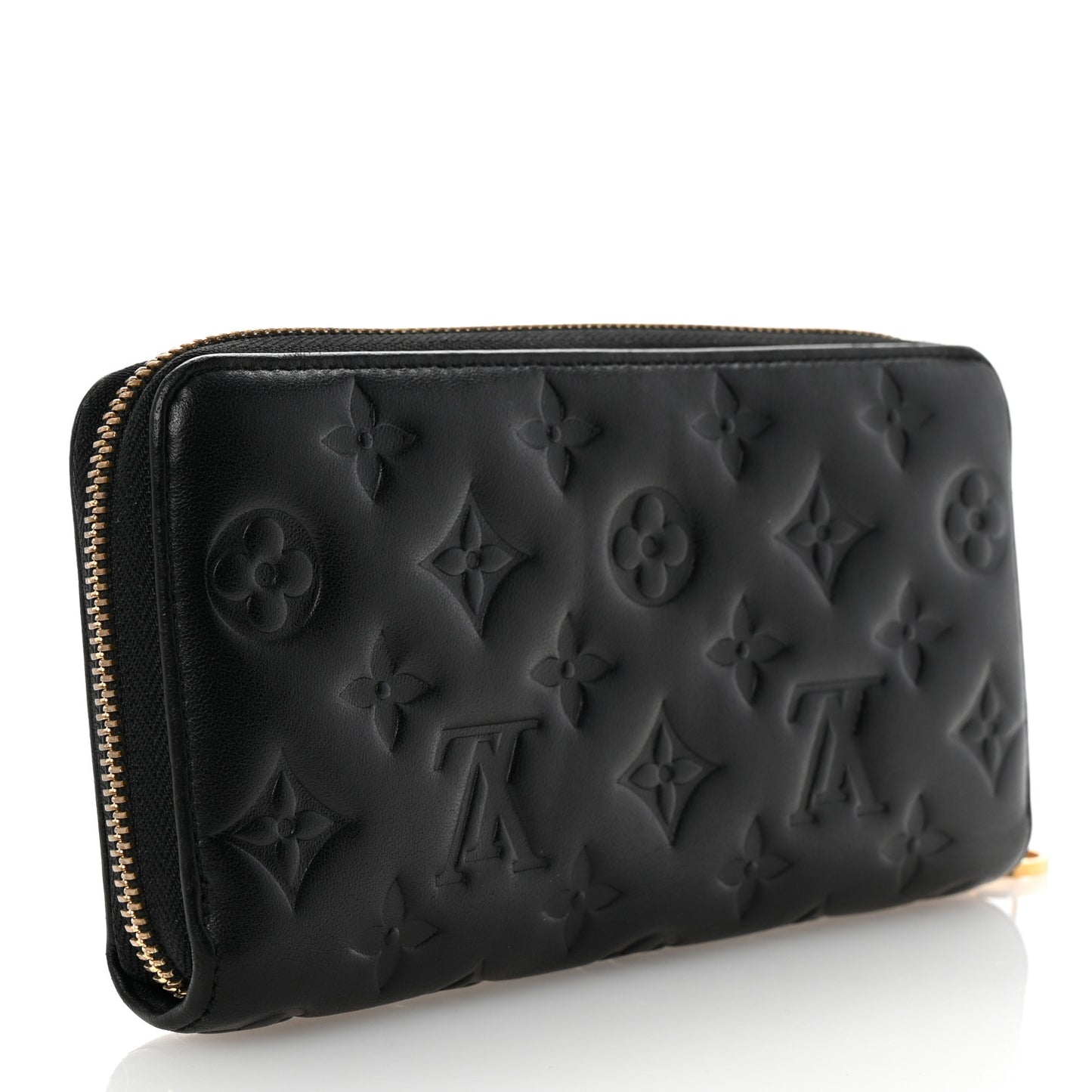 Lambskin Embossed Monogram Coussin Zippy Wallet Black