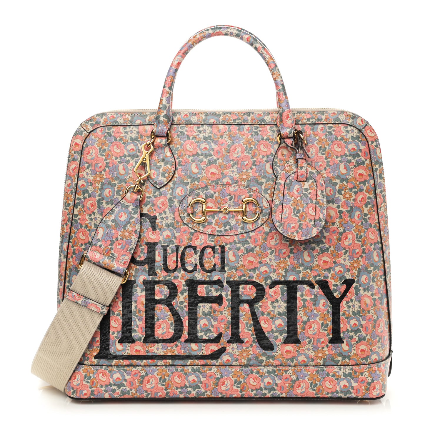 X LIBERTY OF LONDON Calfskin Floral Fawn Print Horsebit 1955 Duffle Bag Perfect Pink Ivory