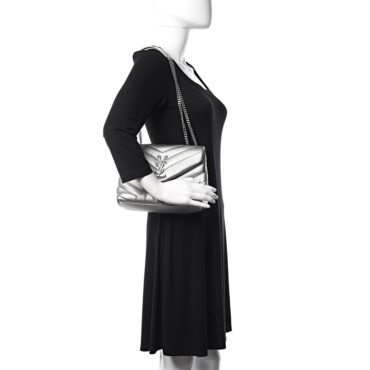 Saint Laurent Metallic Calfskin Y Quilted Monogram Small Loulou Chain Satchel Silver 2 of 10