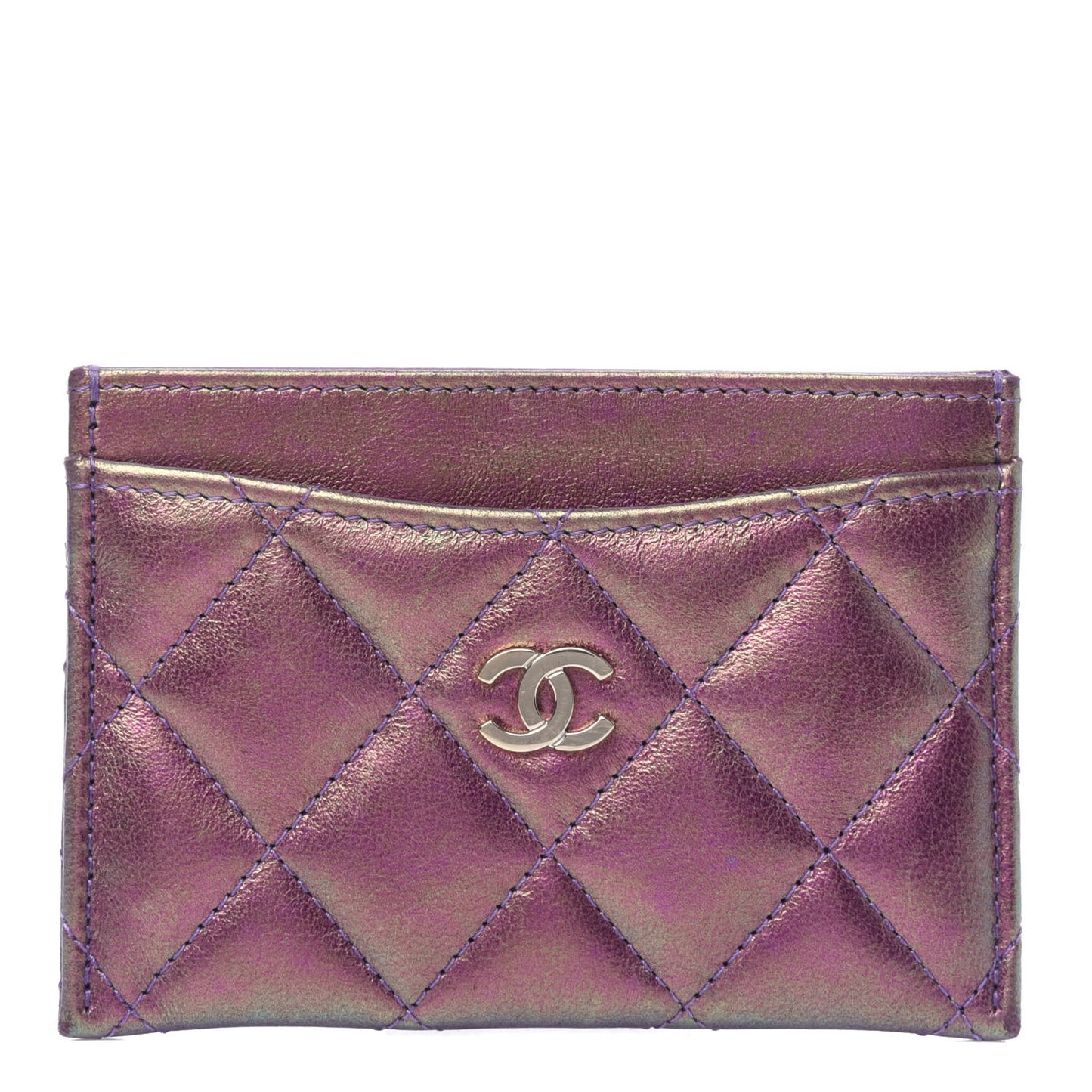 Iridescent Lambskin Quilted Card Holder Purple