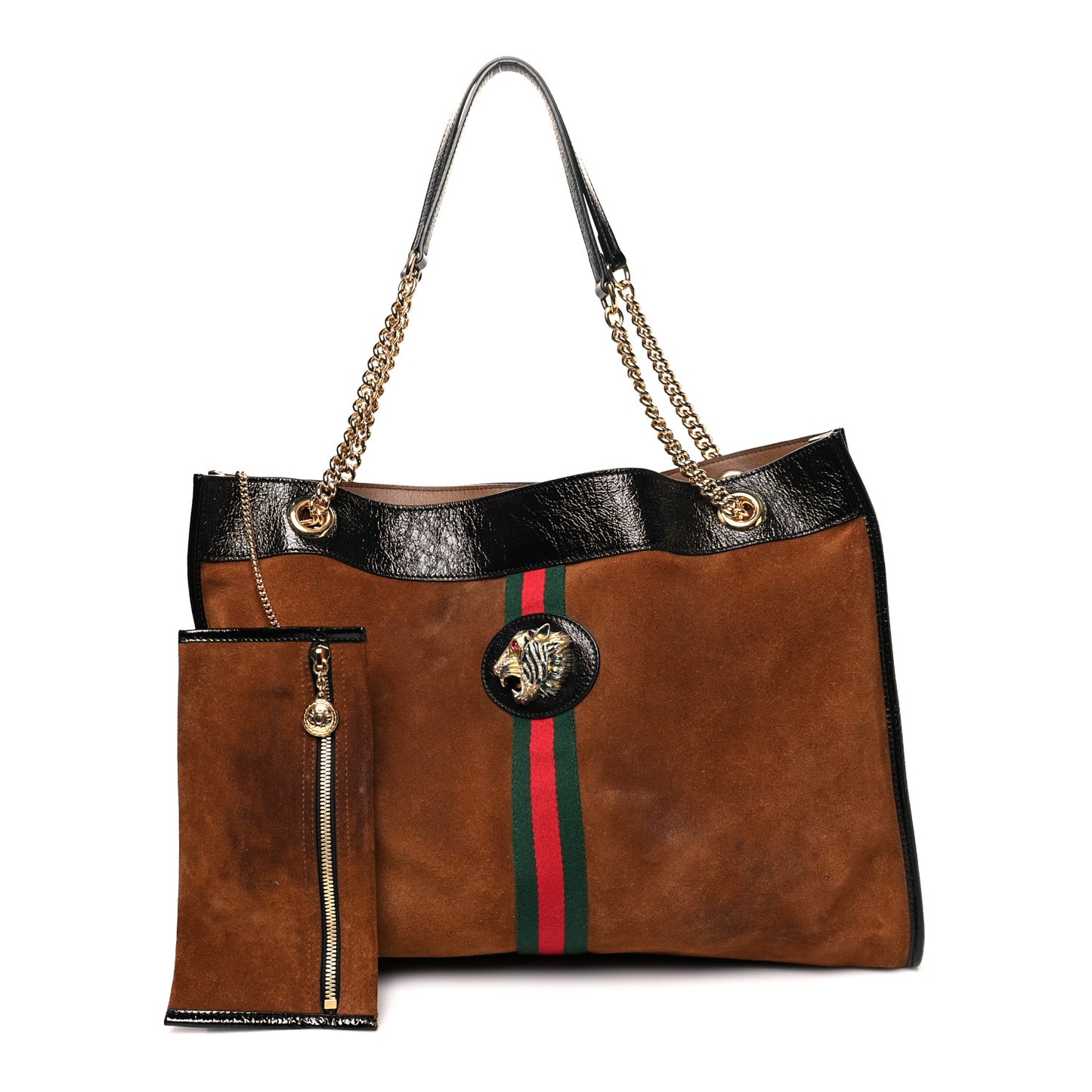Suede Patent Large Rajah Chain Tote Nocciola Black