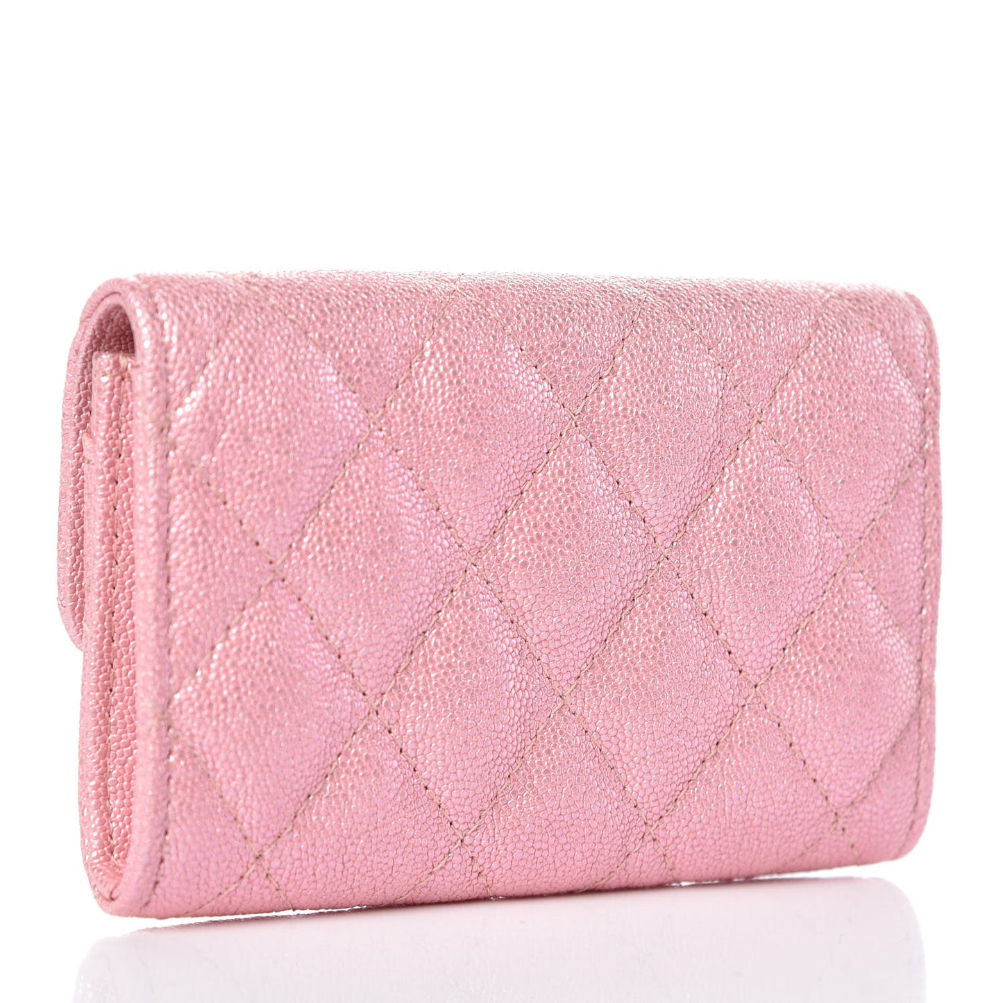 Iridescent Caviar Quilted Flap Card Holder Rose Pink