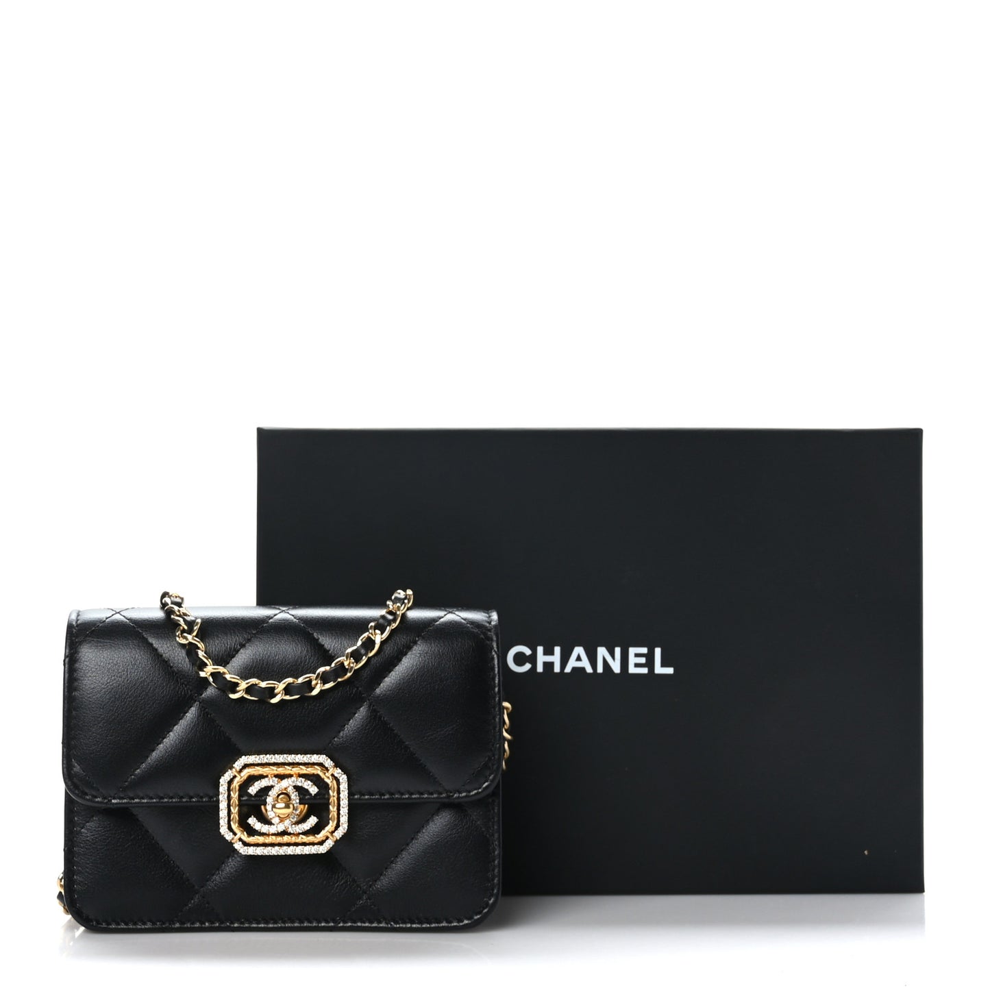 Calfskin Strass Quilted Clutch With Chain Flap Black