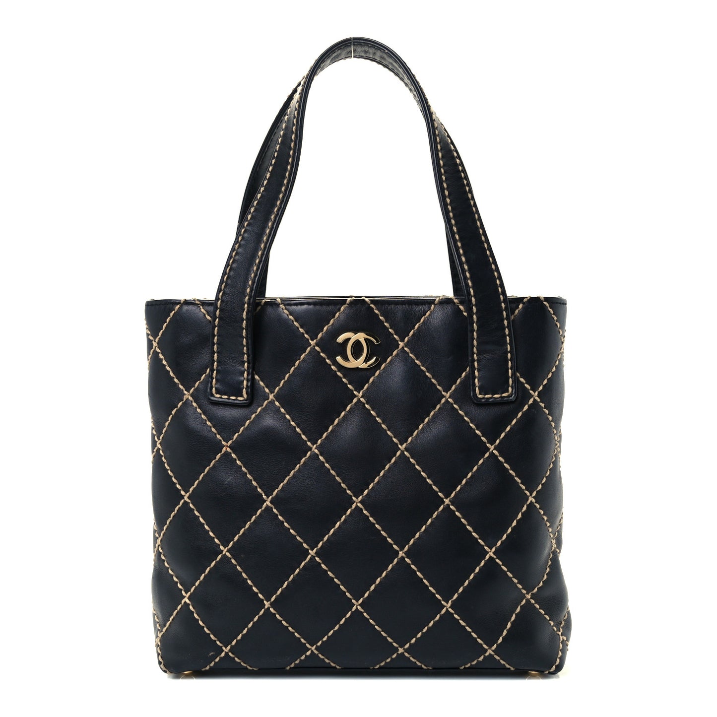 Calfskin Contrast Stitch Surpique Tote Black