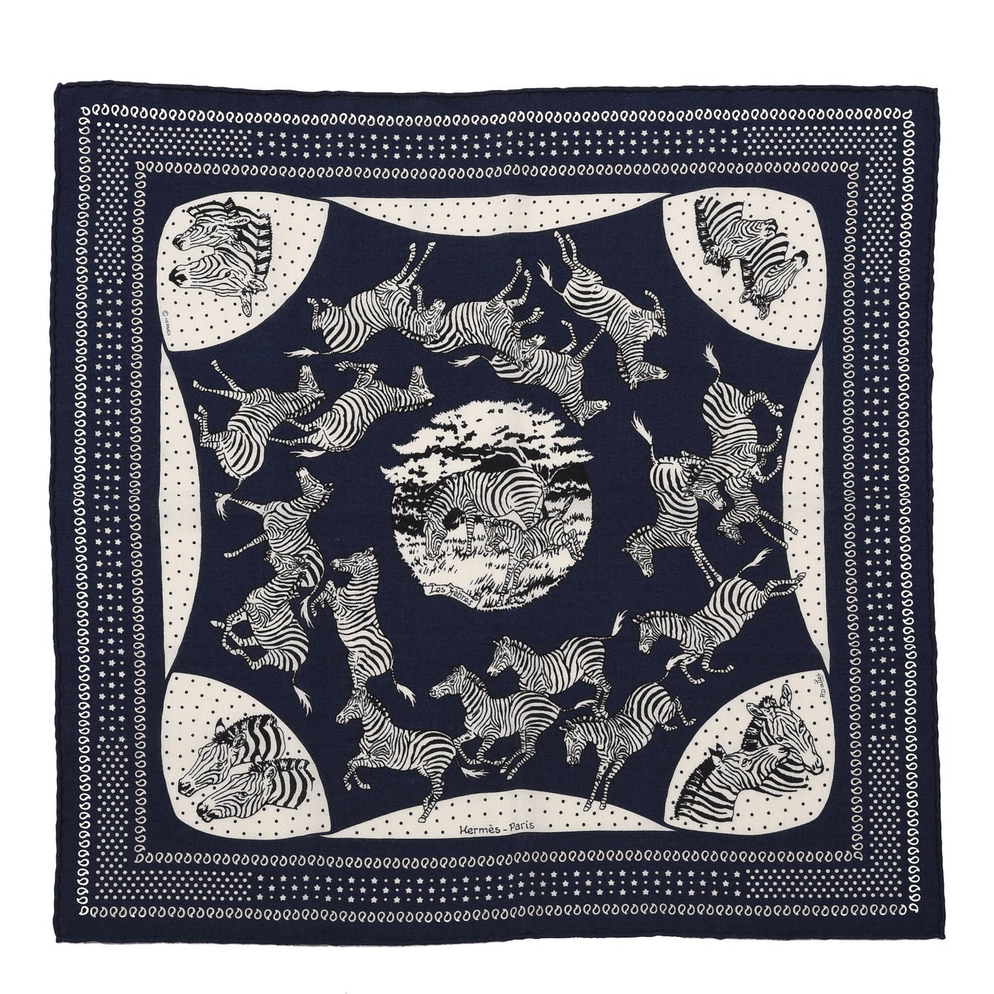 Cashmere Silk Les Zebras Bandana Scarf 55 Marine Black White